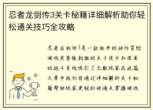 忍者龙剑传3关卡秘籍详细解析助你轻松通关技巧全攻略